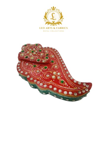 Handmade Marble Meenakari Ganapati Chopda, 13cm x 8cm x 3cm, Red with Green and Pearl Embellishments - Image 4