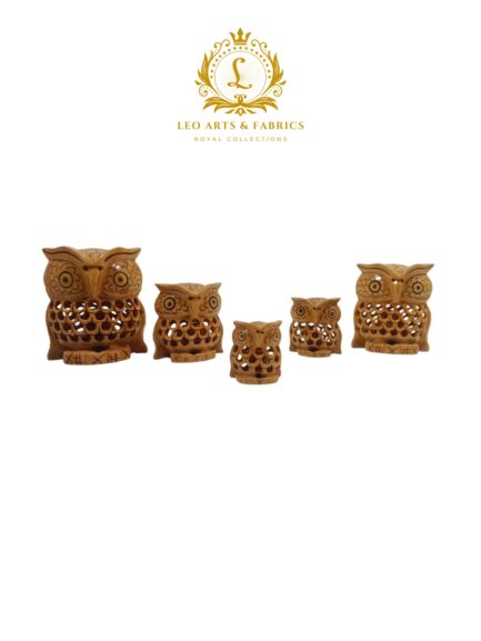 Handcrafted Wooden Owl Family Figurines, Set of 5, Jali Undercut Design, 3.5cm to 8cm - Image 4