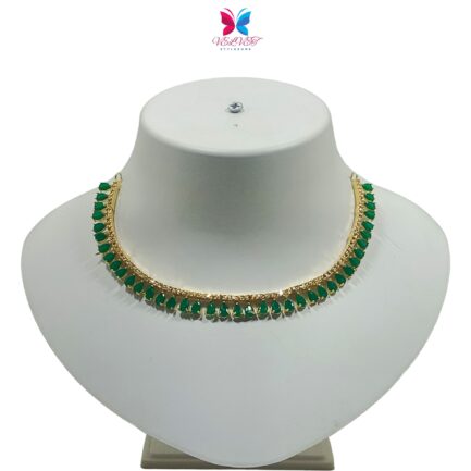 VELVET Handcrafted Gold Plated Necklace Set, White AD, Green Stone - Image 3