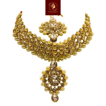 Nandini Handcrafted Gold Plated Necklace Jewellery Set with Long Chain, Earrings And Mangtika, Clear AD, Pearl Off-White - Image 5