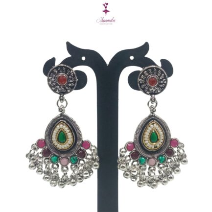 ANAMIKA Handcrafted Necklace Jewellery Set with Ear Rings, Ozidized, Oval Pendant,  Red and Green - Image 5