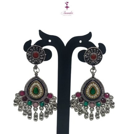 ANAMIKA Handcrafted Necklace Jewellery Set with Ear Rings, Oxidized, Oval Pendant,  Pearls, Stones Green, Pink, Purple - Image 6