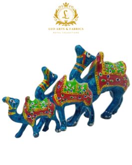 Handcrafted Paper Mache Camel Family Figurines, Set of 3, Feroze Blue