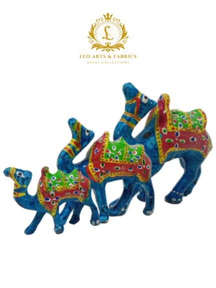 Handcrafted Paper Mache Camel Family Figurines, Set of 3, Feroze Blue - Image 2