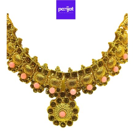 Parijat Elegant Handcrafted Gold Plated Necklace Jewellery Set with Earrings And Mangtika, Baby Pink Stone - Image 4