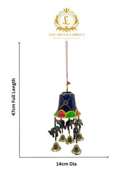 Handcrafted Large Wind chime, Navy Blue, with Multicolored Elephants, Bells, 30cm - Image 3