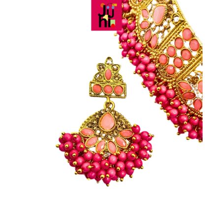 Juhi Handcrafted Gold Plated Necklace Jewellery Set with Earrings And Mangtika, Pink beads, AD - Image 5