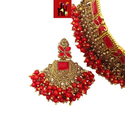 Juhi Handcrafted Gold Plated Necklace Jewellery Set with Earrings And Mangtika, Red beads, AD - Image 5