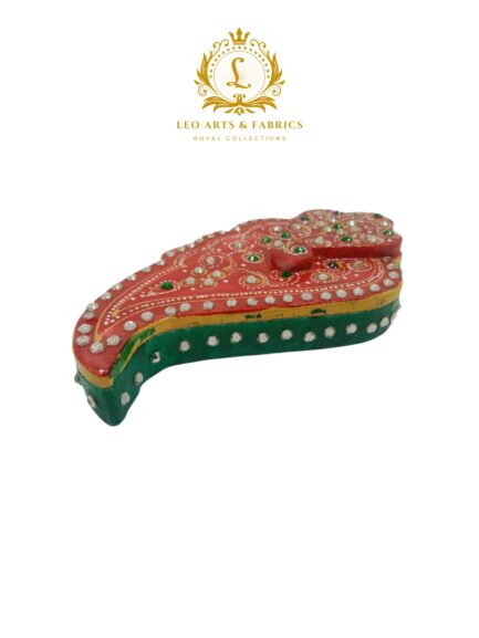 Handmade Marble Meenakari Ganapati Chopda, 13cm x 8cm x 3cm, Red with Green and Pearl Embellishments - Image 5