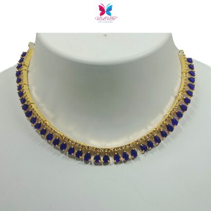 VELVET Handcrafted Gold Plated Necklace Set, White AD, Blue Stone - Image 4