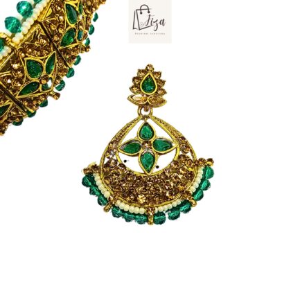 Fiza Handcrafted Gold Plated Guluband Jewellery Set with Earrings And Mangtika, AD, Pearl, Feroze Blue - Image 6