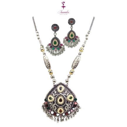 ANAMIKA Handcrafted Necklace Jewellery Set with Ear Rings, Ozidized, Oval Pendant,  Red and Green - Image 6