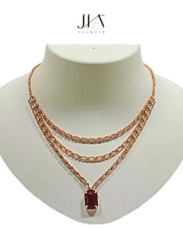 Jia Handcrafted Rose Gold Plated Necklace Set with Earrings, Red Gemstones