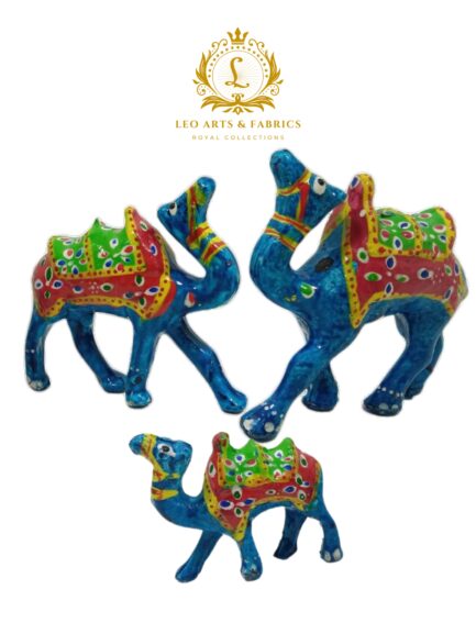 Handcrafted Paper Mache Camel Family Figurines, Set of 3, Feroze Blue - Image 3