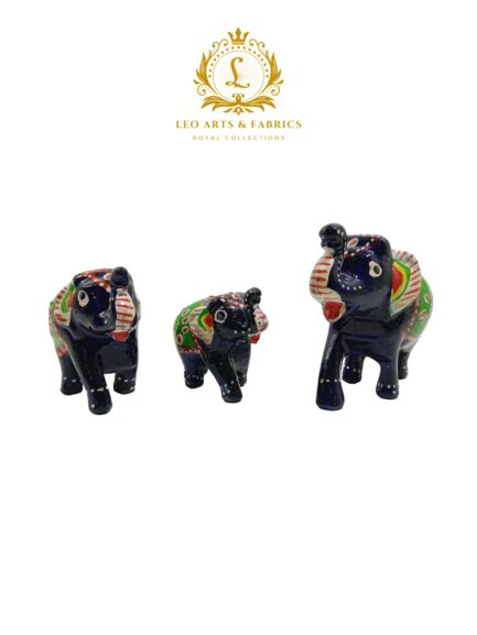 Handcrafted Paper Mache Elephant Family Figurines, Set of 3, Black with Green Colour - Image 3