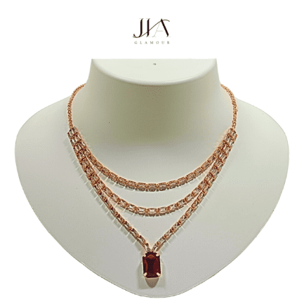 Jia Handcrafted Rose Gold Plated Necklace Set with Earrings, Red Gemstones - Image 2