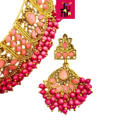 Juhi Handcrafted Gold Plated Necklace Jewellery Set with Earrings And Mangtika, Pink beads, AD - Image 6