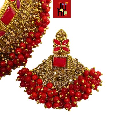 Juhi Handcrafted Gold Plated Necklace Jewellery Set with Earrings And Mangtika, Red beads, AD - Image 6