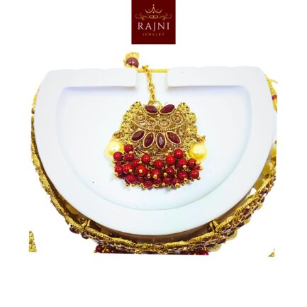 Rajni Handcrafted Gold Plated Necklace Jewellery Set with Earrings And Mangtika, Beads, Pearl, AD, Multicolour - Image 3