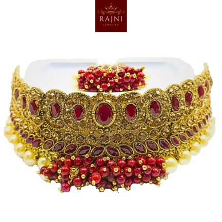 Rajni Handcrafted Gold Plated Necklace Jewellery Set with Earrings And Mangtika, Beads, Pearl, AD, Multicolour - Image 4