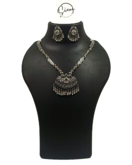 SIERRA Handcrafted Necklace Jewellery with Ear Rings, Oxidized, Bust Pendant, White AD and Pearls