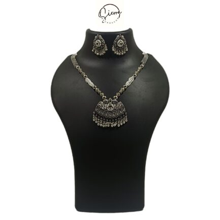 SIERRA Handcrafted Necklace Jewellery with Ear Rings, Oxidized, Bust Pendant, White AD and Pearls - Image 2