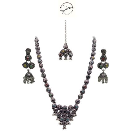 SIERRA Necklace Jewellery Set with Ear Rings, MaangTika, Oxidized, V Shaped Pendant, AD, Multicolored - Image 7